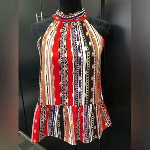 Quinn Peplum Waist Halter, Silky, Ethnic stripe/gold metallic